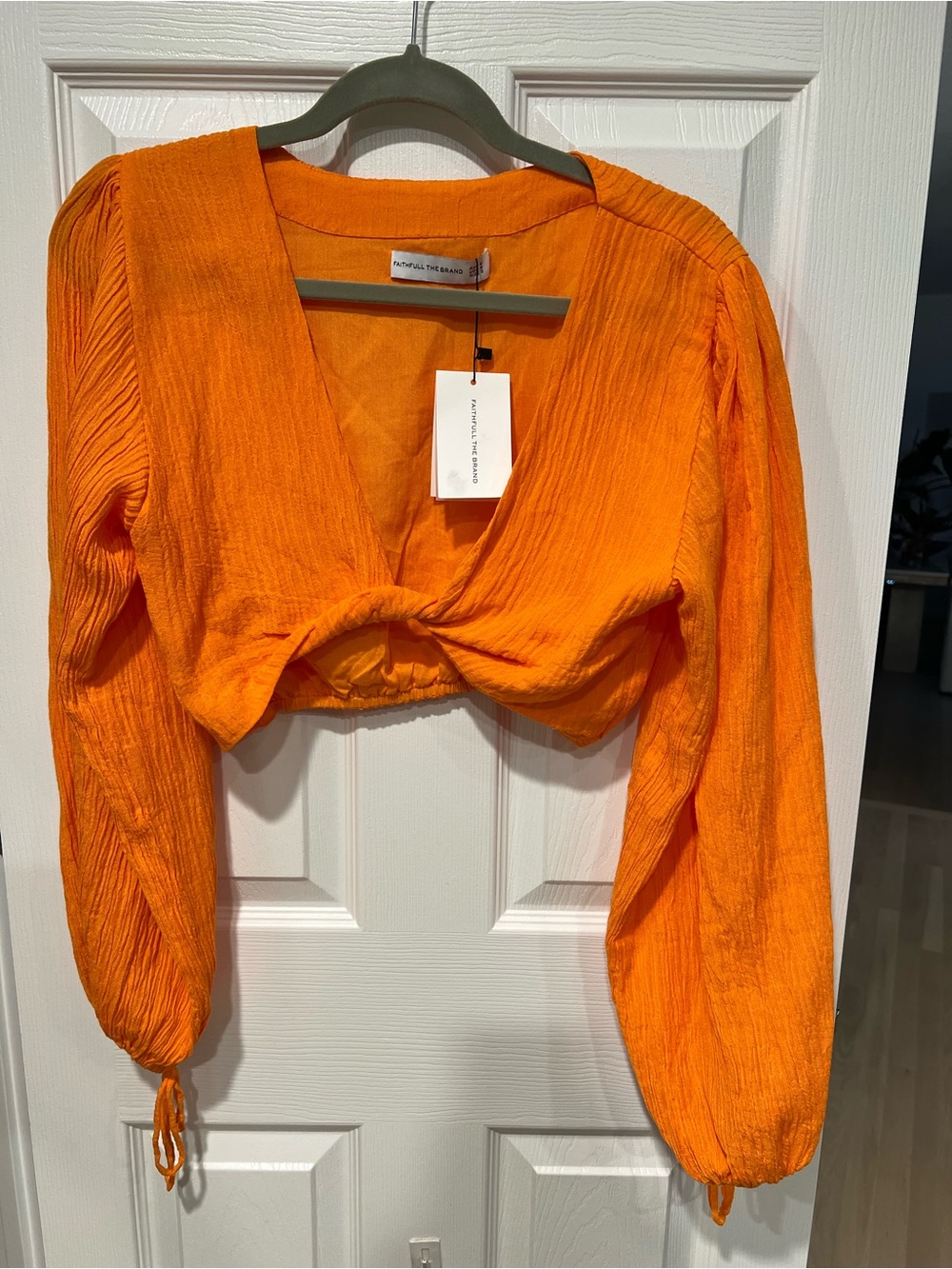 Faithfull the Brand Orange Twisted Crop Top with Balloon Sleeves